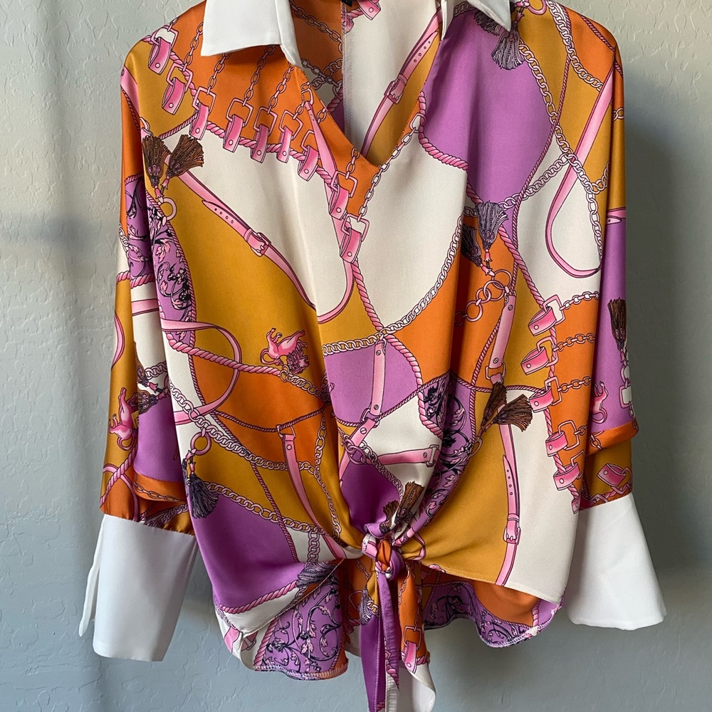 Women's Multicolor Chain Print Blouse and Pant Set